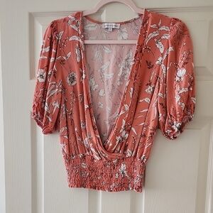 cupcakes & cashmere Floral Deep V-Neck Blouse - Rust